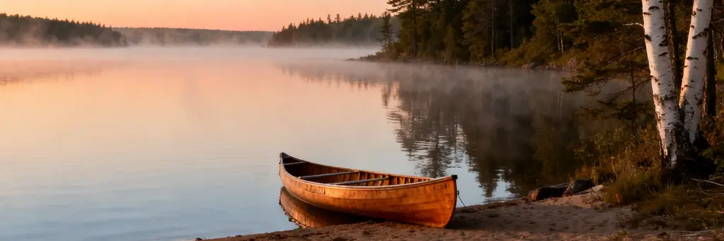 A canoe on the sandy shore of a misty northern lake lined with pines and birches