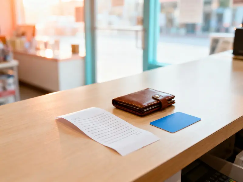 A paper receipt, a leather wallet and a payment card on a shop counter
