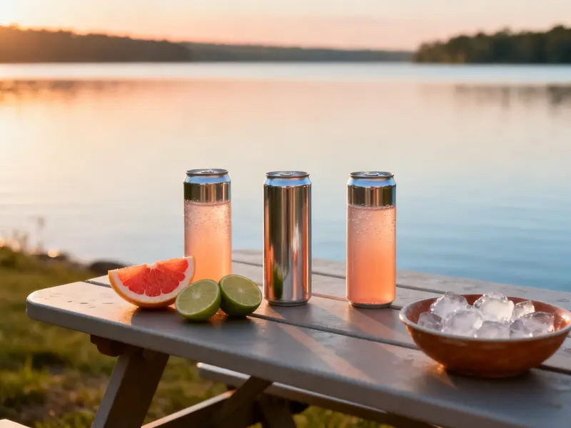 Three blank soda cans with grapefruit, lime and a bowl of ice on a picnic table by a lake