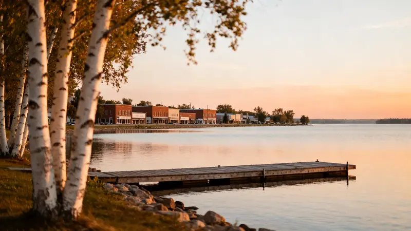 A Minnesota lake at sunrise with white birches, a wooden dock and a small-town main street across the water