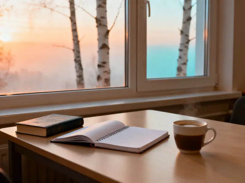 An open notebook, a hardcover book and a cup of coffee on a table by a window with birch trees outside