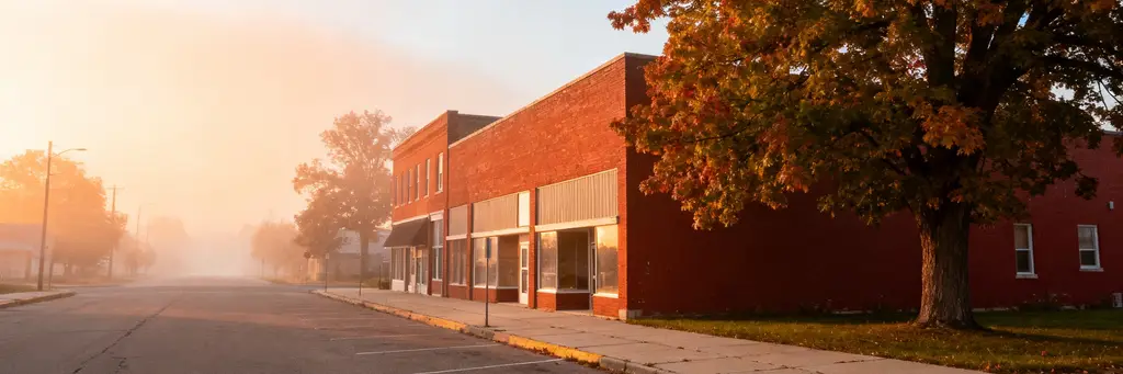 A small-town main street with brick buildings and maple trees at sunrise